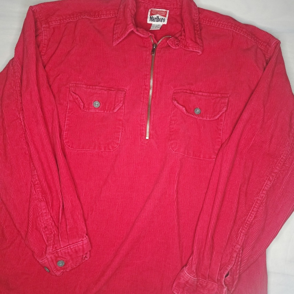 Vintage Marlboro Shirt Mens Medium Red Heavy Corduroy 1/4 Zip Pullover Shacket